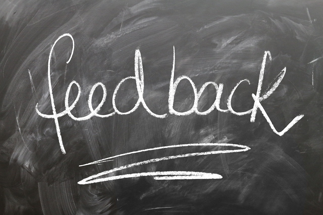 The word "feedback" written in white chalk on a blackboard.