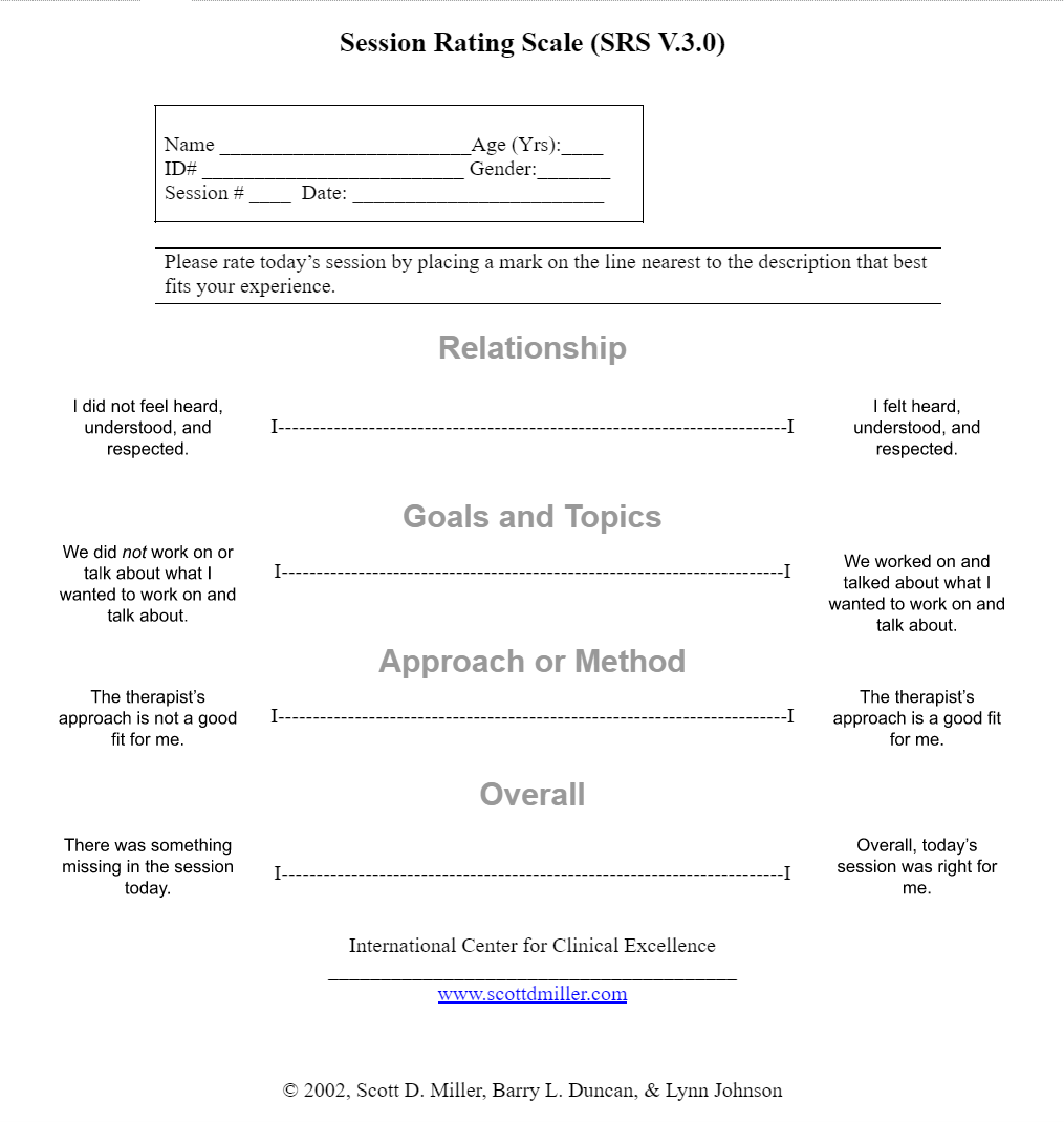 This is a sample of the session rating scale. The scale can be downloaded from Scott Miler's website.
