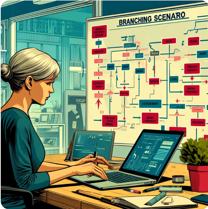 A graphic novel-style image showing a middle-aged woman designing a branching scenario. She is seated at a modern workspace using a laptop, with a digital whiteboard in the background displaying flowcharts and branching paths. The environment is dynamic and colorful, emphasizing the tools and process of creating a branching scenario.