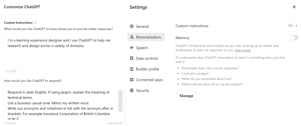 Screen capture showing the customization and memory settings pages in ChatGPT.