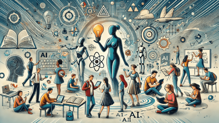 A graphic novel-style illustration depicting a diverse group of people engaged in self-directed learning. Some figures are using tools like tablets, books, and VR headsets, while others collaborate, exchanging ideas and supporting one another. In the background, a sleek, futuristic AI figure acts as a guide, overseeing the learning process. The scene features flowing lines and vibrant colors to emphasize the dynamic, creative nature of heutagogy, with subtle tech elements like circuit boards and mathematical symbols in the background, representing the role of technology in the learning process