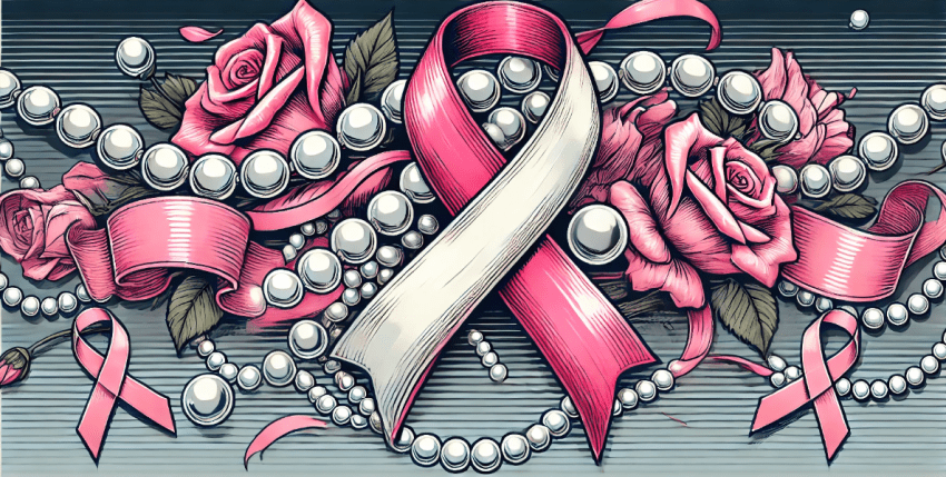 Horizontal graphic novel-style image featuring a pink and white cancer ribbon tightly intertwined. A pearl necklace is elegantly draped around the entwined ribbons, with additional pearls scattered throughout. Pink roses are intertwined with the ribbons and pearls, creating a soft contrast. The composition is designed as a webpage header, with the elements spread across the image against a simple background, highlighted by bold outlines and shading in a comic book style.