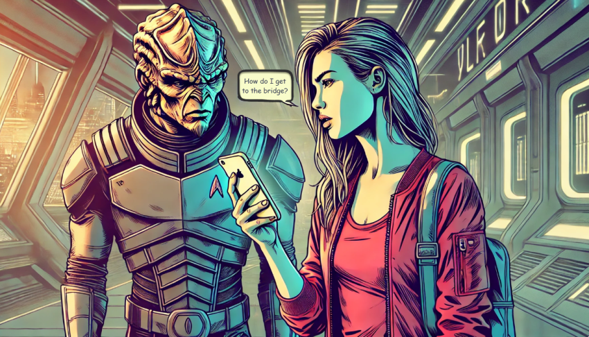 A graphic novel-style scene set in a futuristic environment, showing a human woman holding an iPhone and asking a Klingon for directions. The woman is dressed in casual modern clothes, focused on the iPhone, which is being used as a translation device. The Klingon, wearing traditional armor with a ridged forehead, listens attentively. A speech bubble from the woman says, "How do I get to the bridge?" They are standing in a metallic, neon-lit space station, giving the image an advanced, intergalactic feel