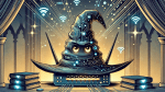 A wide, graphic novel-style illustration of a modem sorting hat, blending elements of magic and technology. The hat resembles a classic wizard's hat but features tech details like glowing LED circuits, antennae similar to a router, and a prominent, expressive face with wise, friendly eyes and a warm smile. The scene is set in a dim, mystical atmosphere with floating, illuminated digital symbols surrounding the hat, enhancing the mix of fantasy and modern tech.