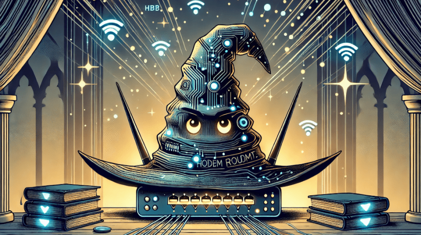 A wide, graphic novel-style illustration of a modem sorting hat, blending elements of magic and technology. The hat resembles a classic wizard's hat but features tech details like glowing LED circuits, antennae similar to a router, and a prominent, expressive face with wise, friendly eyes and a warm smile. The scene is set in a dim, mystical atmosphere with floating, illuminated digital symbols surrounding the hat, enhancing the mix of fantasy and modern tech.