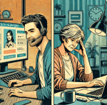 Graphic novel-style split-screen image. On the left, a male tech support person sits at a desk in a modern, tech-filled office, typing on a laptop with a friendly and focused expression, wearing a headset. On the right, an older woman with short gray hair sits alone in her home office, looking frustrated. Her workspace includes a desk cluttered with papers, a lamp, a bookshelf, and personal touches like family photos and a coffee mug. She has her hand on her forehead, and her computer screen displays an error message. The contrasting backgrounds highlight the different emotions.