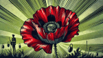 Graphic novel-style illustration of a single vibrant red poppy flower, depicted in close-up detail. The poppy has bold, black-lined petals with shading and textures characteristic of graphic novels, set against a subtle green background. The flower symbolizes remembrance and tribute, evoking a sense of strength and solemnity.