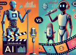 Graphic novel-style illustration showing two AI workflows as characters on a virtual film reel. On the left, a sleek robot with holographic tools represents NotebookLM. On the right, a vibrant character with audio waveforms symbolizes Jellypod, set against a backdrop blending a digital workspace and podcast studio.