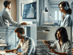 A collage of four scenes, each depicting a professional working in a modern, well-lit office environment. Top-left: A man in a white shirt sits at a desk, focused on a computer screen displaying a 3D holographic model of a human figure with data charts. Top-right: A woman wearing headphones and a white shirt concentrates on her work at a desk, with a row of pendant lamps in the background. Bottom-left: A man with curly hair and a white shirt writes notes while reading an open book in a spacious office with glass partitions. Bottom-right: A woman with shoulder-length dark hair and a light blouse carefully assembles or inspects a detailed architectural model of a building structure. The overall ambiance is professional, collaborative, and innovative.