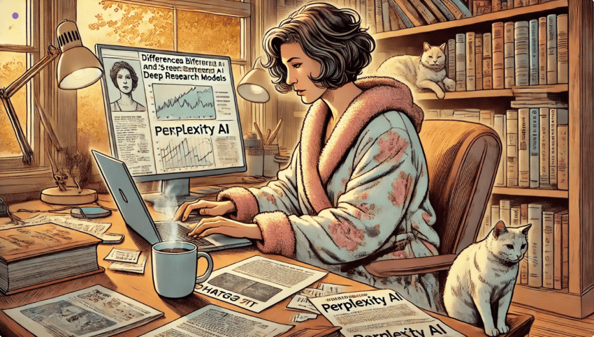 A graphic novel-style illustration of a middle-aged female researcher, around 50 years old, sitting at a desk in a cozy home office. She is wearing a housecoat and working on her laptop, analyzing the differences between ChatGPT and Perplexity AI's deep research models. Notes and printouts are spread across the desk, a steaming cup of coffee sits nearby, and a cat lounges comfortably on the desk. Bookshelves line the background, creating a warm and inviting atmosphere. The illustration is in a landscape format, emphasizing a relaxed yet focused research setting.