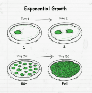 Whiteboard drawing showing a pond filling with lily pads over four days, illustrating exponential growth.
