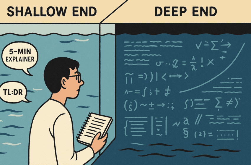 Graphic-novel style illustration of a swimming pool split into a shallow end and a deep end. On the left, in the shallow end, a person stands in light blue water holding a notebook, surrounded by simple speech bubbles that say ‘5-min explainer’ and ‘TL;DR.’ On the right, the deep end is darker and filled with abstract equations and symbols on the pool wall, suggesting complex, technical information. Labels along the top read ‘Shallow End’ and ‘Deep End.