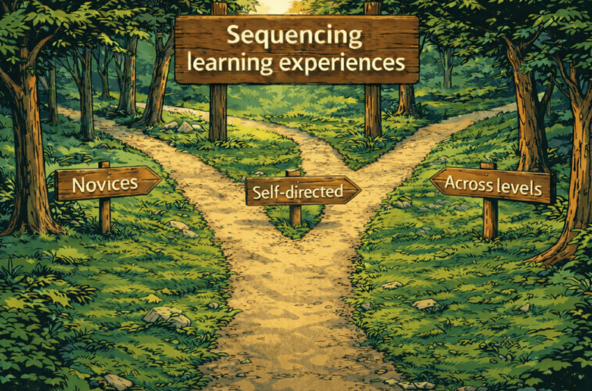 Illustration of a forest with three dirt paths branching from a single trailhead. A large carved wooden sign at the top reads “Sequencing learning experiences.” Three smaller wooden signs point to different paths labeled “Novices,” “Self-directed,” and “Across levels,” representing different directions to consider when deciding on a learning sequence.
