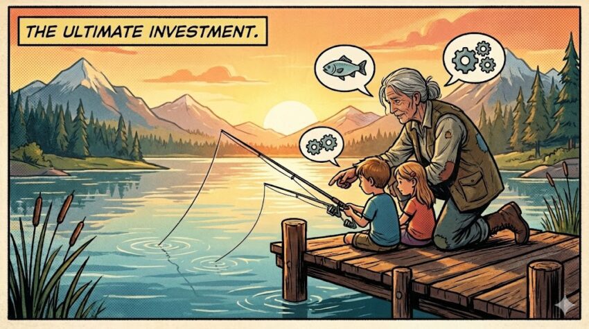 A graphic novel style illustration with a vintage, textured feel, titled "THE ULTIMATE INVESTMENT." in a yellow box at the top left. An older woman with grey hair and a worn vest kneels on a wooden dock, pointing toward the water and instructing two young children, a boy and a girl sitting beside her. Both children hold their own fishing rods with lines cast into a calm lake. A speech bubble above the woman contains a fish icon, while speech bubbles above the children contain gear icons. The background shows mountains and pine trees under a warm sunrise sky.