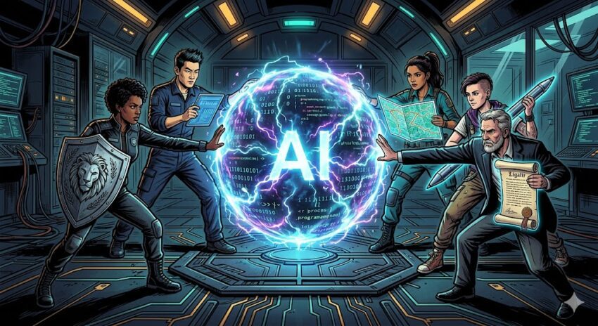 A graphic novel style illustration of five diverse professionals standing in a circle on a high-tech, glowing floor. They are leaning forward and pushing with their hands to contain a large, volatile energy sphere in the center. The sphere glows with purple and blue light, featuring the letters "AI" and swirling digital code. Each person carries a symbolic object representing a "pillar" of stability: a shield, a map, a digital tablet, an artist’s stylus, and a legal scroll. The setting is a futuristic room with dark shadows and cinematic teal and amber lighting.